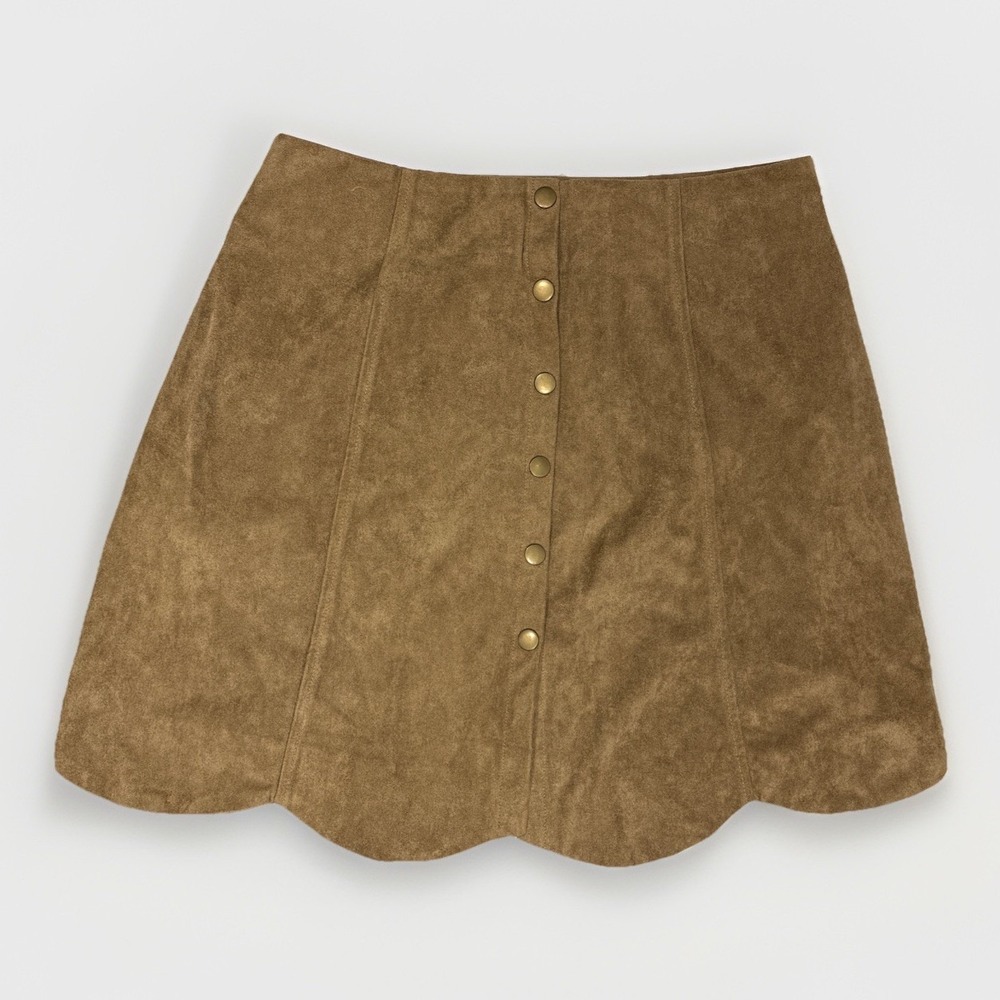 Blue Rain Faux Suede Scalloped Snap Front Skirt Tan Brown A-Line Size M